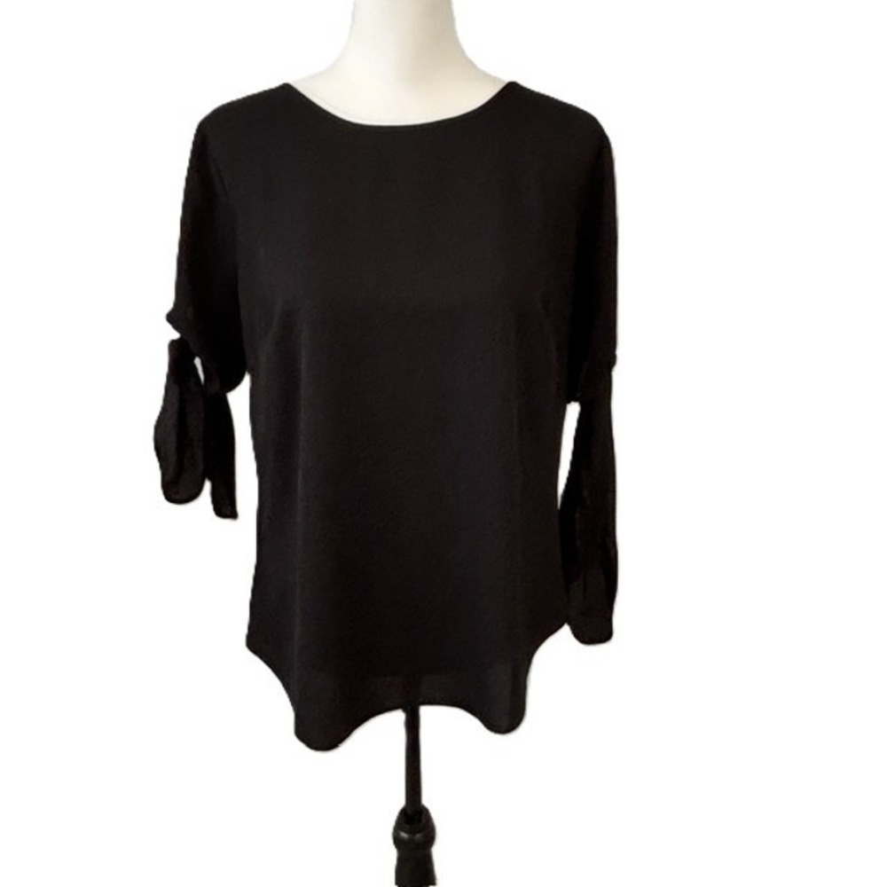 Ann Taylor Blouse Black Tie Sleeve Crepe Top Women Small Excellent